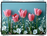 Kompozycja, Białe, Kwiaty, Różowe, Tulipany