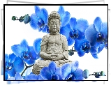 Błękitne, Kwiaty, Storczyki, Posąg Buddy
