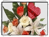Bukiet, Kwiatów, Róże, Lilie, Serce