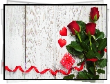 Walentynki, Kwiaty, Róże, Czerwone, Miłosne, Serduszka, Prezent, Pudełko, Wstążka, Deski