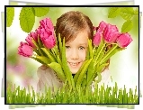Dziewczynka, Kwiaty, Bukiet, Tulipany, Różowe