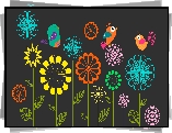 Grafika 2D, Motyw, Kolorowe, Kwiaty, Ptaki