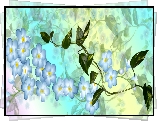 Grafika, Niebieskie, Kwiaty, Liście