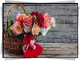 Dzień Kobiet, Walentynki, Koszyk, Bukiet, Kwiaty, Róże, Serce