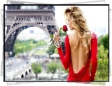 Kobieta, Czerwona, Sukienka, Róża, Francja, Paryż
