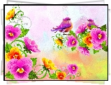 Kwiaty, Bratki, Ptak, Rysunek
