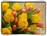 Kwiaty, Żółte, Róże, Tulipany