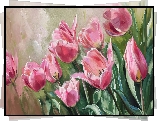 Malarstwo, Kwiaty, Różowe, Tulipany, Listki