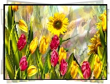 Kwiaty, Tulipany, Słoneczniki, Grafika