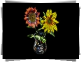 Kwiaty, Słoneczniki, Wazonik, Czarne tło, Fractalius
