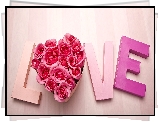 Napis, Love, Serce, Pudełko, Różowe, Róże, Deski