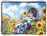 Manga Anime, Lato, Dziewczyna, Kimono, Słoneczniki