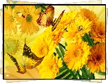 Żółte, Gerbery, Motyle, Art
