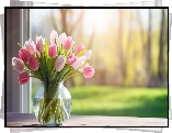 Różowe, Tulipany, Bukiet, Okno