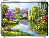 Park, Jezioro, Kwiaty, Kwitnące, Drzewa
