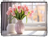 Tulipany, Różowe, Kwiaty, Wazon, Okno, Grafika