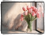 Kwiaty, Tulipany, Różowe, Wazon, Bukiet, Okno, Tło