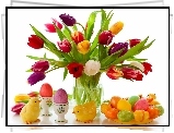 Wielkanoc, Tulipany, Bukiet, Kolorowe, Pisanki