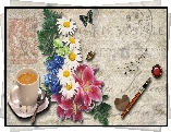 Filiżanka, Kawa, Kwiaty, Lilie, Długopis, Pióro, Stempel, Motyl, 2D