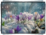 Fioletowe, Białe, Krokusy, Kwiaty, Śnieg, Zima, Grafika AI