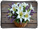 Kwiaty, Białe, Lilie, Lawenda, Bukiet, Koszyk, Grafika AI