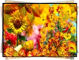 Kwiaty, Aksamitki, Dynie, Jabłka, Słonecznik, Liście, 2D