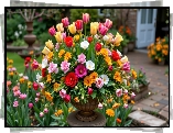 Kolorowe, Kwiaty, Tulipany, Aksamitki, Bukiet, Wazon, Ogród