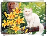 Biały, Kot, Żółte, Lilie