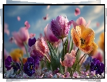 Kolorowe, Kwiaty, Tulipany, Bratki, Grafika AI