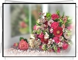 Bukiet, Alstremeria, Gerbera, Róże, Biżuteria, Perły