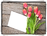 Kwiaty, Bukiet, Czerwono-białe, Tulipany, Liście, Kartka, Deski