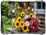 Kwiaty, Słoneczniki, Tulipany, Bukiet