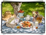 Lato, Piknik, Bukiet kwiatów, Owoce, Truskawki, Mleko, Koszyk, Kapelusz, Bańka Jedzenie