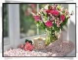 Bukiet, Róże, Gerbera, Budleja, Pudełko, Perły