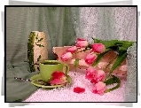 Bukiet, Różowych, Tulipanów, Filiżanka