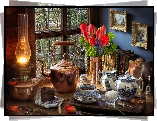 Lampa naftowa, Czajnik, Herbata, Ciasto, Cukier, Kwiaty, Tulipany, Książki, Obrazy, Okno, Porcelanowa, Zastawa, Kompozycja