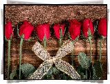 Czerwone, Róże, Wstążka, Deski