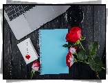 Laptop, Róże, Kawa, Notatnik, Karteczka, Napis, Love, Tło, Deski