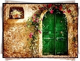 Dom, Zielone, Drzwi, Kwiaty