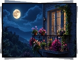 Noc, Kwiaty, Doniczki, Dom, Balkon, Grafika
