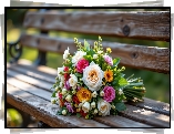 Kolorowe, Kwiaty, Bukiet, Drewniana, Ławka, AI