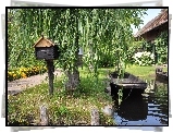 Park, Drzewa, Kwiaty, Jezioro, Przystań, Łodzie, Domy