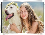 Dziewczynka, Golden Retriever, Wianek