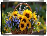 Kwiaty, Słoneczniki, Niebieskie, Dzwonki, Wiklinowy, Koszyk