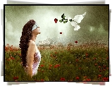 Fantasy, Kobieta, Gołąb, Róża, Łąka