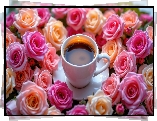 Biała, Filiżanka, Talerzyk, Kawa, Róże