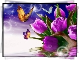 Fioletowe, Tulipany, Motyle, 3D, Wektorowa