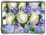 Fioletowe, Niebieskie, Kwiaty, Białe, Róże, Grafika