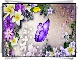 Grafika, 2D, Kwiaty, Motyl