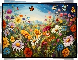 Kwiaty, Łąka, Motyle, Grafika